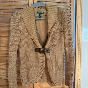Lauren Ralph Lauren XS Camel Cotton Shawl Collar Cardigan Leather Toggle